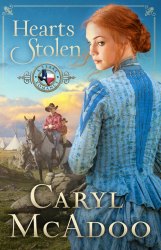 Cover of HEARTS STOLEN by best-selling Christian author Caryl McAdoo with Rosaleen, the heroine featured with hero Levi Baylor and her son Charley riding double on a gray horse with teepees in the background.