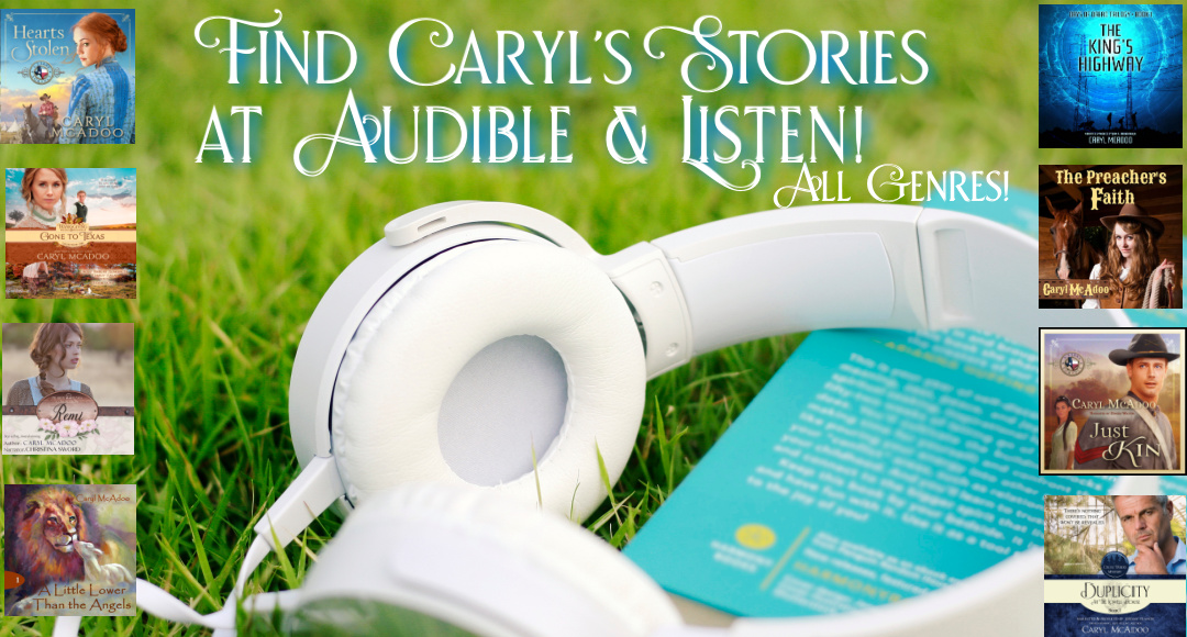 Headphones sit on a book in hte grass flanked by covers of several different genres by Caryl McAdoo including HEARTS STOLEN, GONE TO TEXAS, REMI, THE KING'S HIGHWAY, THE PREACHER'S FAITH, JUST KIN, and DUPLICITY