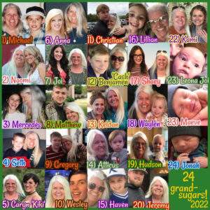 A collage of pictures of Grami and her twenty-four grandsugars!m