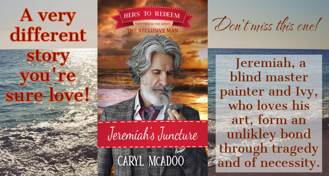 Book cover of a new novel titled JEREMIAH'S JUNCTURE has a sunset on the ocean as a backgroud with an older man smoking a pipe. He's got silver gray hair and beard and looks like the artist that he is.