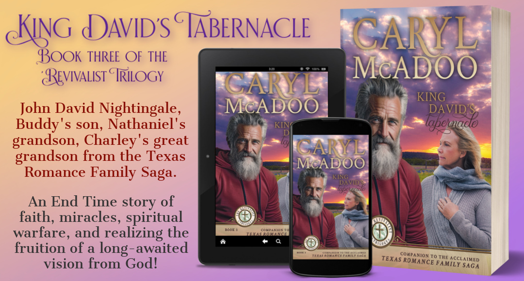 A new novel, King David's Tabernacle's book cover features an older gray headed, bearded gentleman in a sweatshirt. His blonde wife stands behind him staring off into an ominous purple sky. Titled King David's Tabernacle, the cover is shown on a tablet, a phone, and as a book.