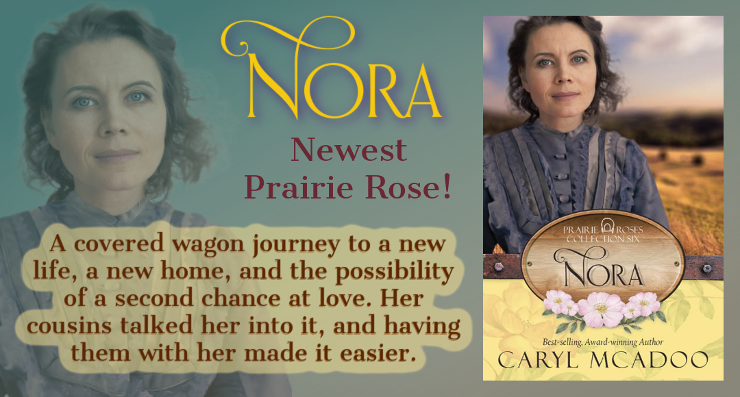 Book cover for new covered wagon story is features with the mature heroine Nora on the cover.