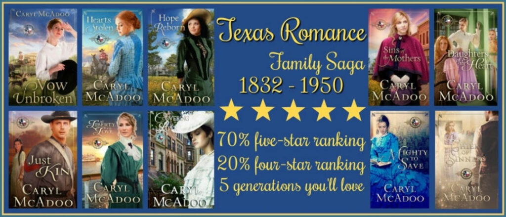 A meme showing ten book covers from a family saga collection, each with its heroine or hero featured. A bit of text describes the century and generations the series covers as well as reviewers’ statistics—mostly 5-stars!