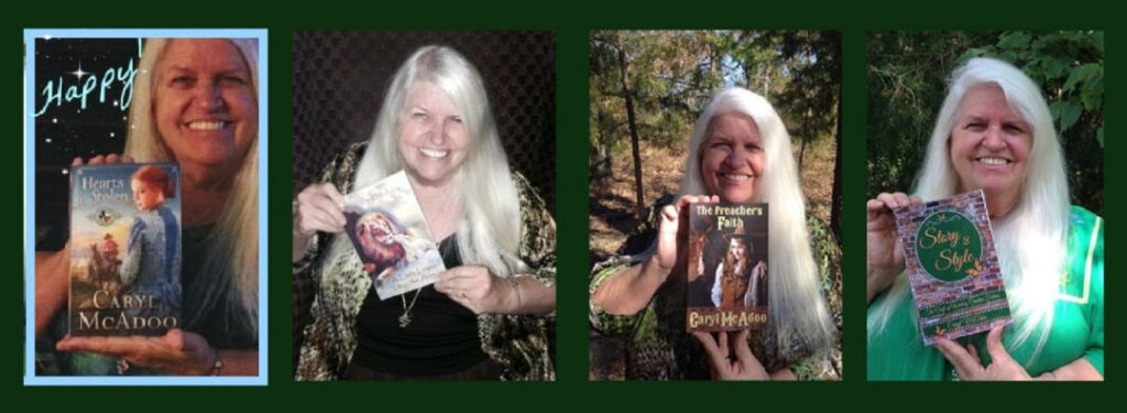 A collage of Christian author Caryl McAdoo with several of her books published independently including a historical romance, a Biblical fiction, a contemporary romance and a non-fiction title.
