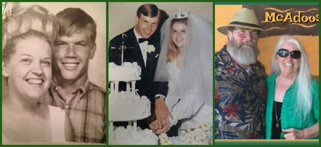 A collage of Ron and Caryl McAdoo from teen years to their wedding and then when they are older.
